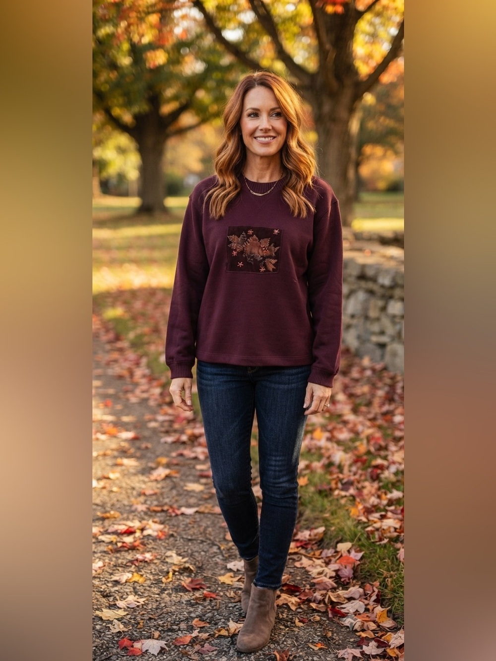 Onque casual vintage fall stitched sweater large 100% cotton fall leaves cottage